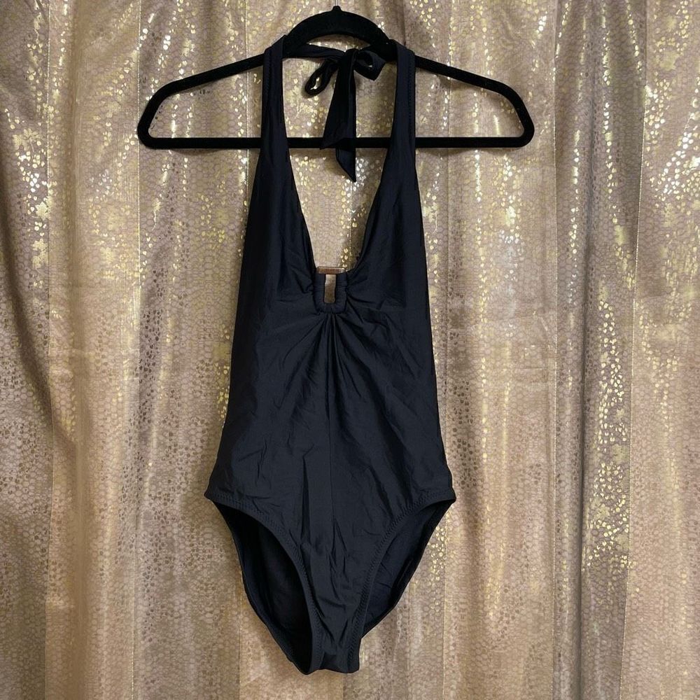 Helen John Black Halter Plunge Tortiose One Piece Swimsuit, Small
